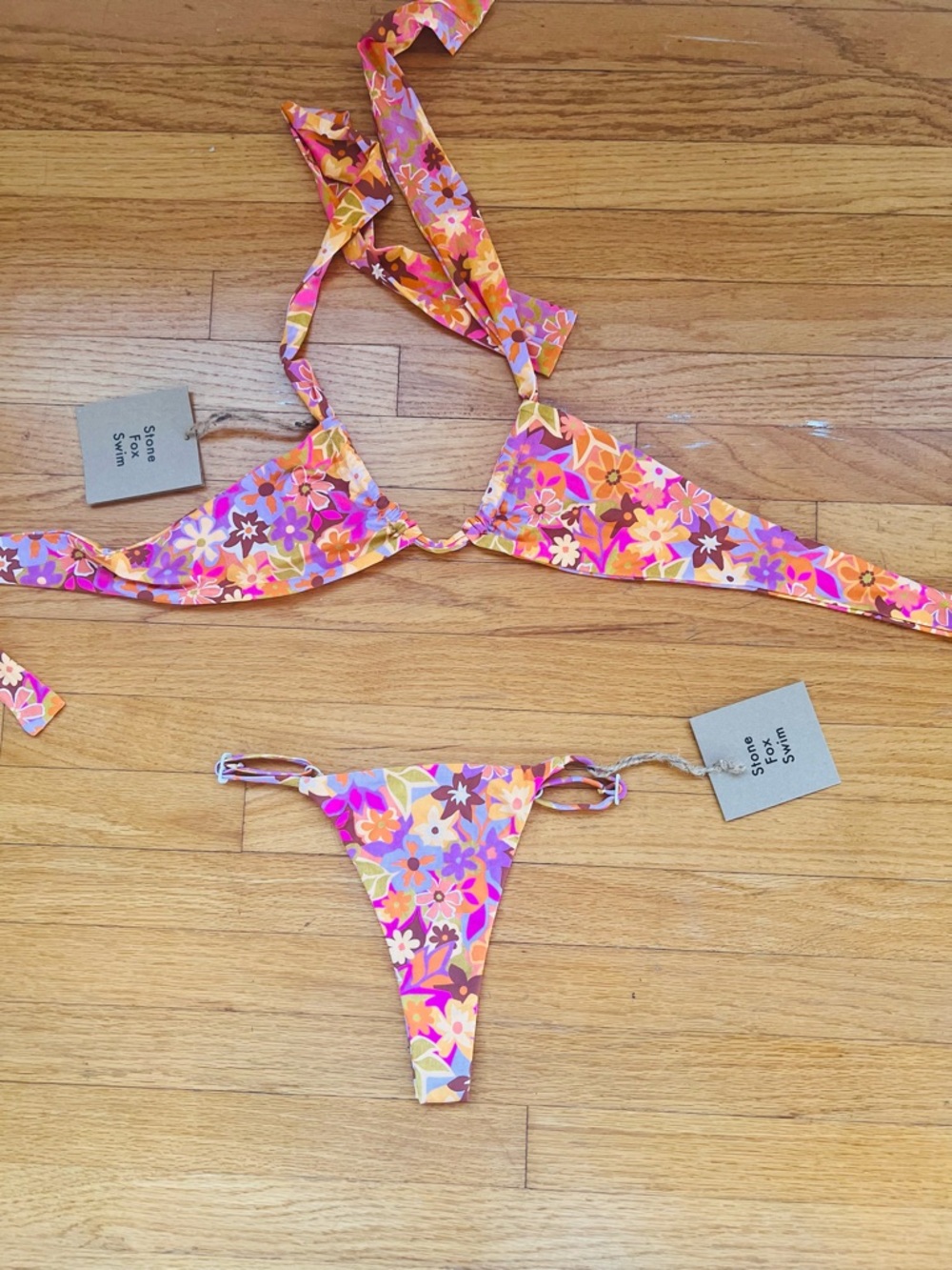 Stone Fox Swim Floral Triangle Bikini Set NWT Adjustable 2 Way Top High Cut